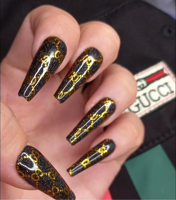 LV NAILS  Gucci nails, Long acrylic nails, Fake nails